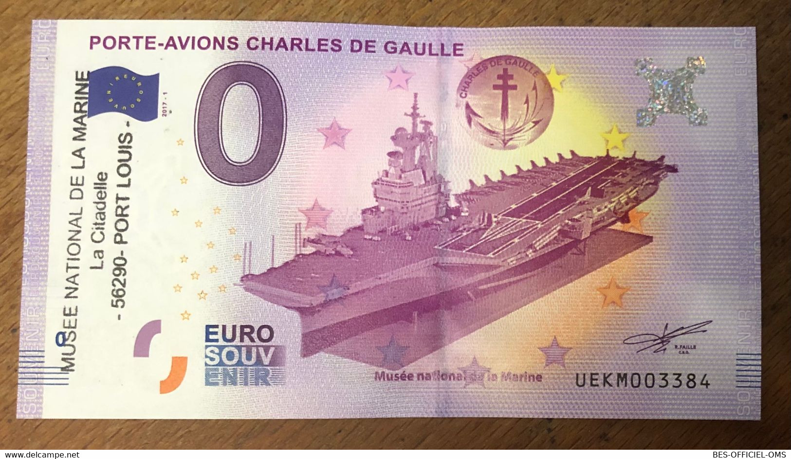 2017 BILLET 0 EURO SOUVENIR DPT 83 PORTE-AVIONS CHARLES DE GAULLE + TAMPON N°2 ZERO 0 EURO SCHEIN BANKNOTE MONEY BANK - Privatentwürfe