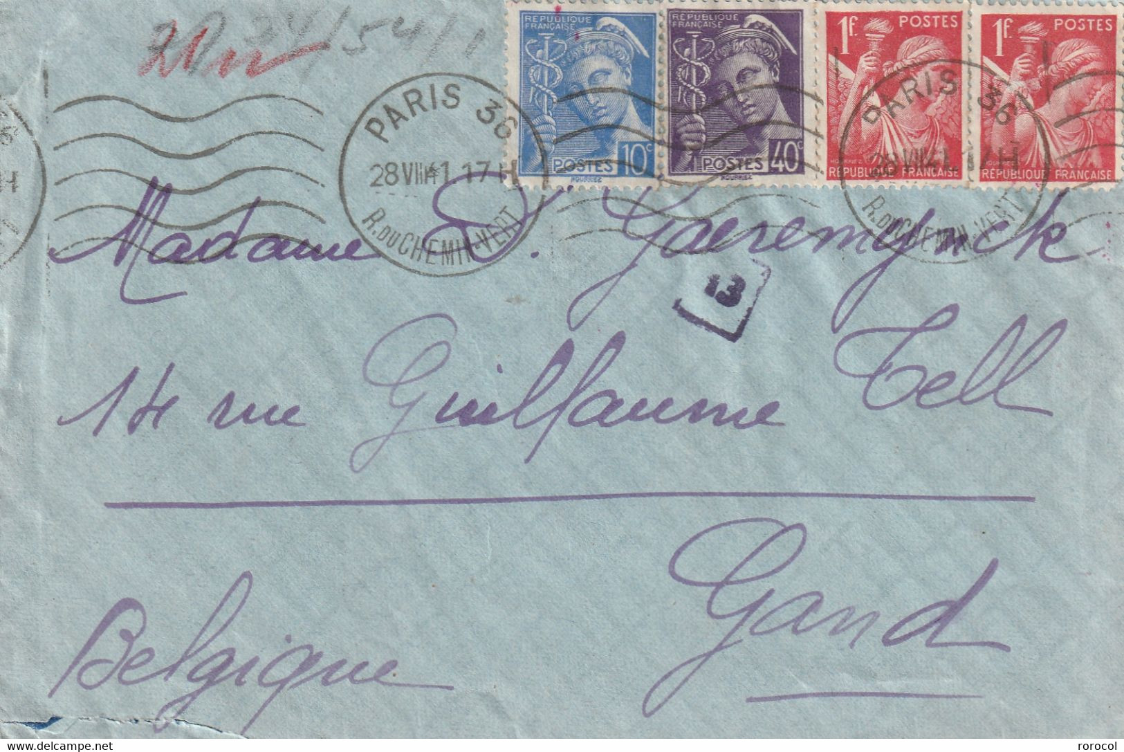 FRANCE Lettre PARIS 36 1941 Mercure Et Iris Pour GAND Belgique Censure - 1939-44 Iris