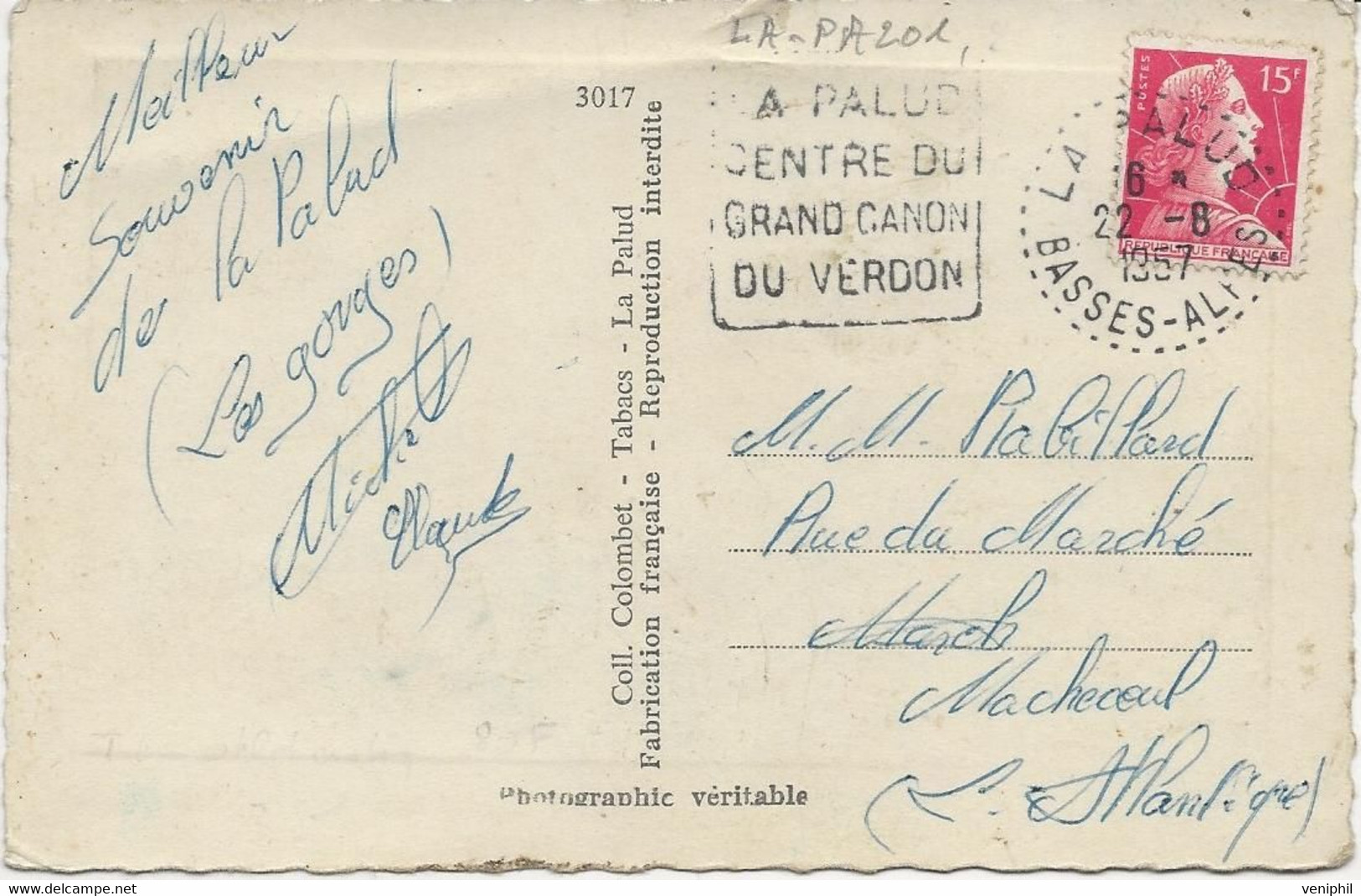 CARTE AFFRANCHIE N° 1011-OBLITERATION DAGUIN  -LA PALUD CENTRE DU GRAND CANON DU VERDON -ANNEE 1957 - Maschinenstempel (Sonstige)