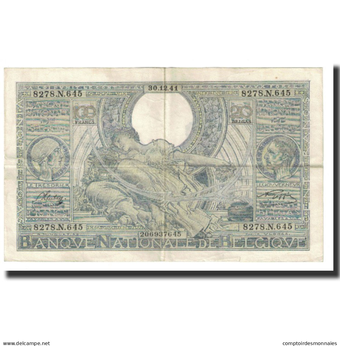 Billet, Belgique, 100 Francs-20 Belgas, 1941, 1941-12-30, KM:107, TTB - 100 Francs & 100 Francs-20 Belgas