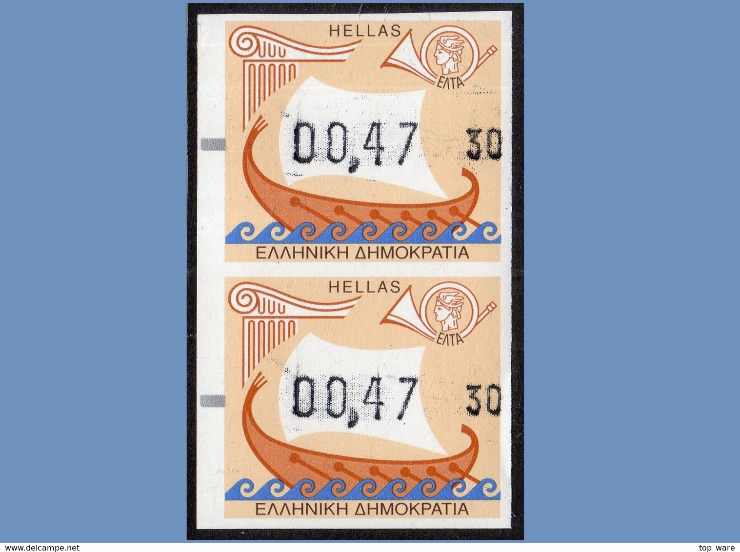 Greece Griechenland ATM 20 / Ship Boat / 2002 Euro Issue / Uncut Pair Machine 30 MNH Frama Etiquetas Automatenmarken - Machine Labels [ATM]
