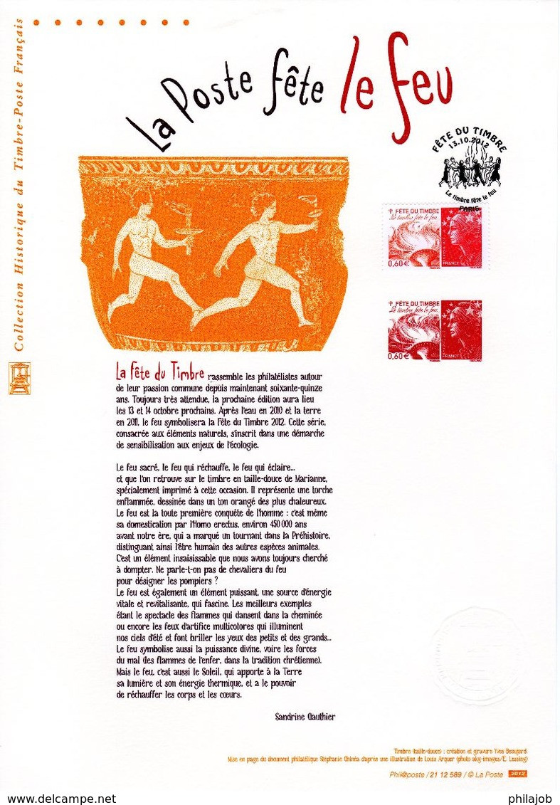 " LA POSTE FETE LE FEU / BEAUJARD " Sur Document Philatélique Officiel 1er Jour De 2012 N°YT 4688. Parf état DPO - 2008-2013 Marianne De Beaujard