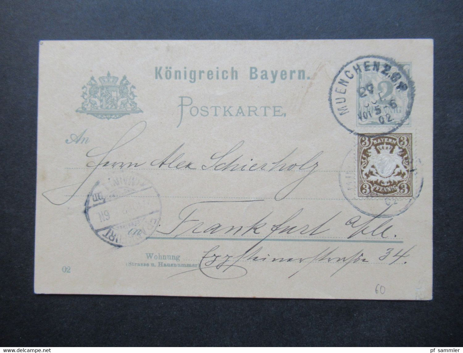 AD Bayern 1902 Postkarte / Ganzsache Mit Zusatzfrankatur Stempel Muenchen 1 B.P. / Bahnpost Nach Frankfurt - Enteros Postales