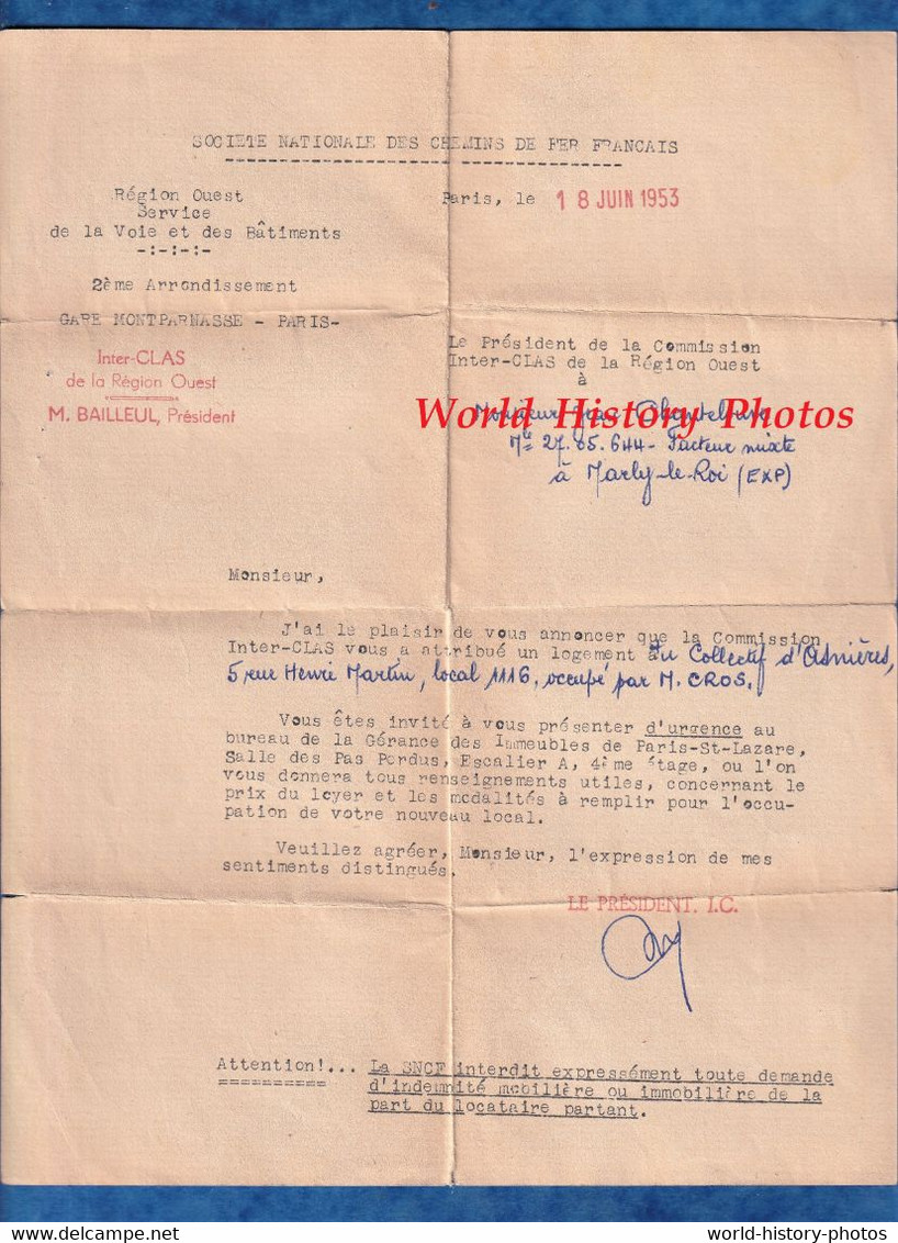 Lettre De 1953 - Société Nationale Chemin De Fer Français - Paris Gare Montparnasse - Attribution De Logement - SNCF - Manuscripts