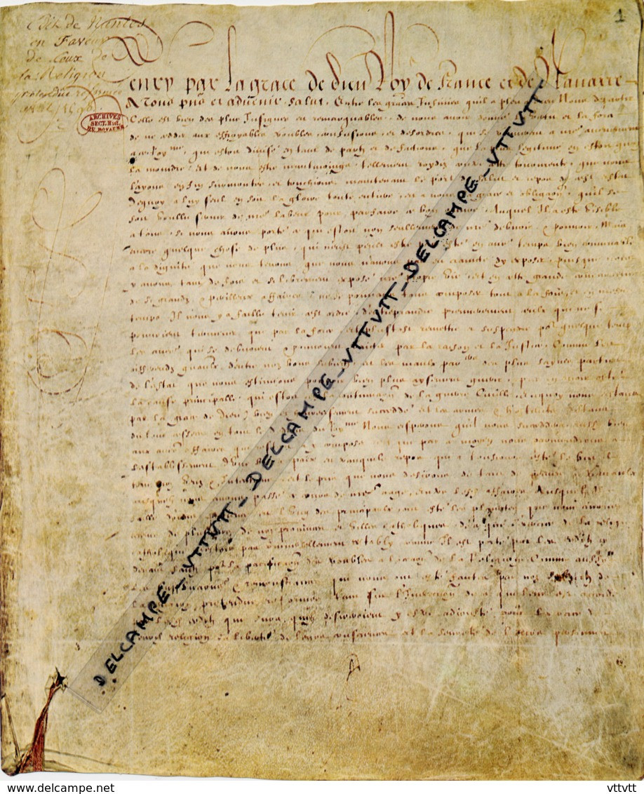 DOCUMENT FAC SIMILE : L'Edit De Nantes (1598), Henri IV, Protestant Devenu Roi Catholique - Manuscripts