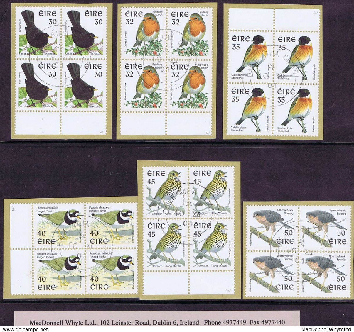 Ireland 1999 Birds Walsall Phosphor Printing, Set Of 6 In Marginal Blocks Of 4 Superb Used On Small Pieces Dublin Cds - Covers & Documents