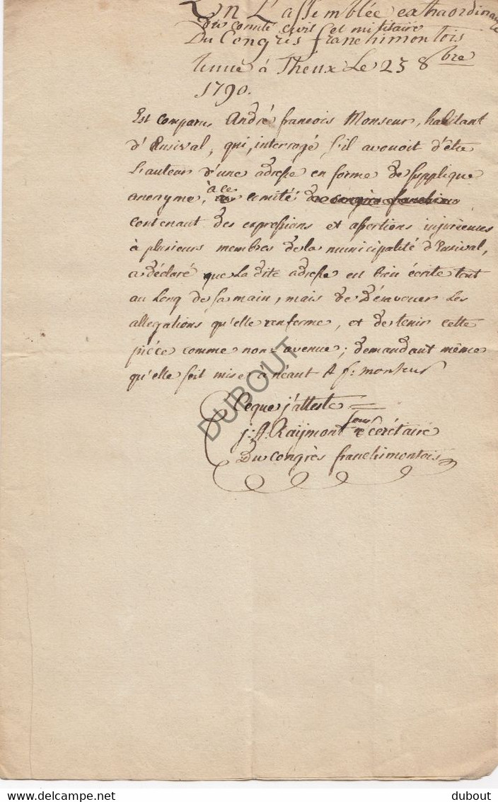 Congrès Franchimontois 1790 THEUX/ENSIVAL (N221) - Manuscripts