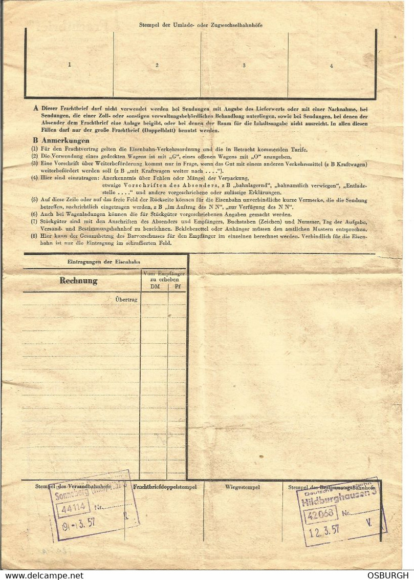 (B) GERMANY. 1957. RAIL FREIGHT DOCUMENT / FRACHTBRIEF. DEUTSCHE REICHBAHN. - Transportmiddelen