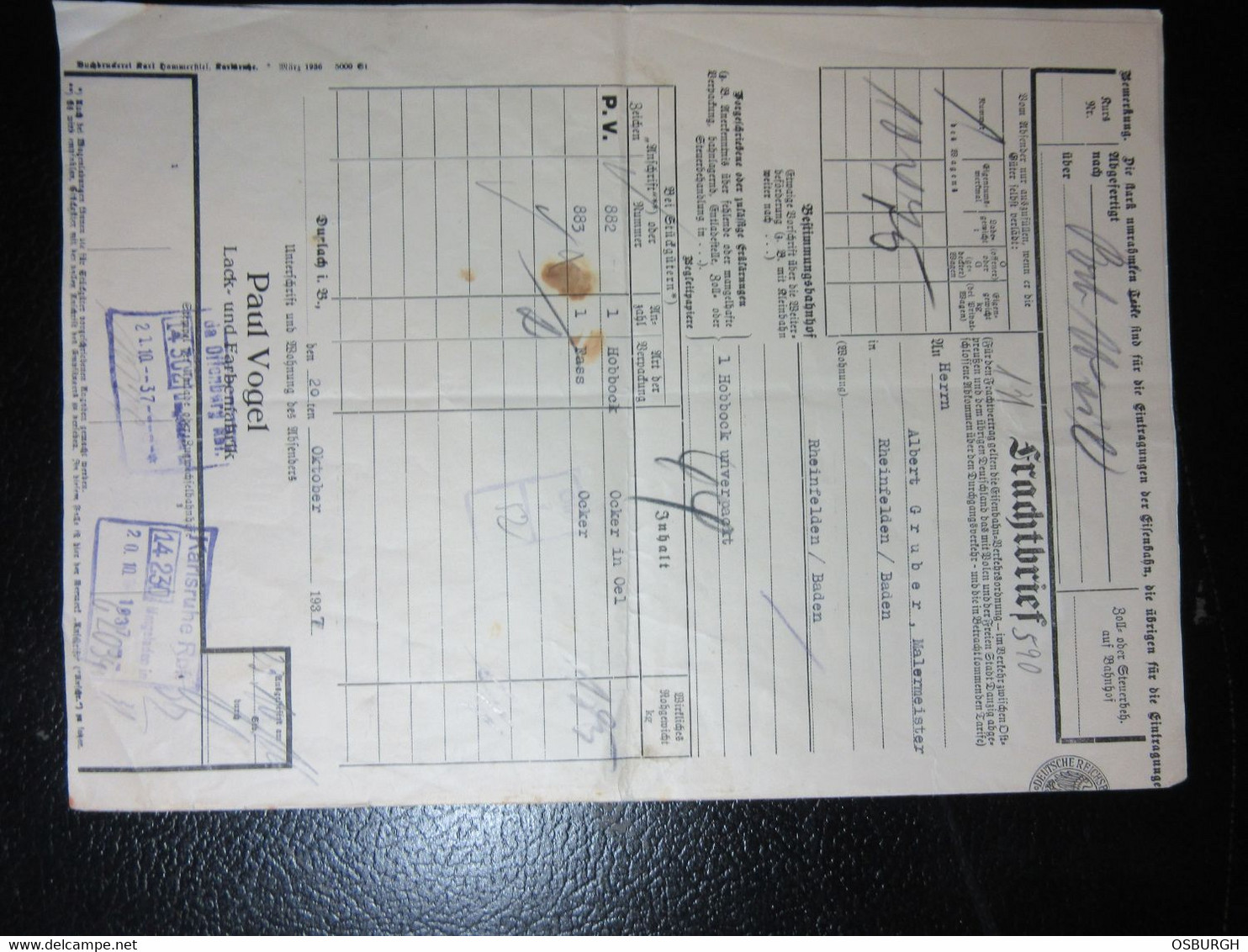 GERMANY. 1937. RAILWAY FREIGHT DOCUMENT. DEUTSCHSREICHBAHN. KARLSRUHE TO RHEINFELDEN. - Transport