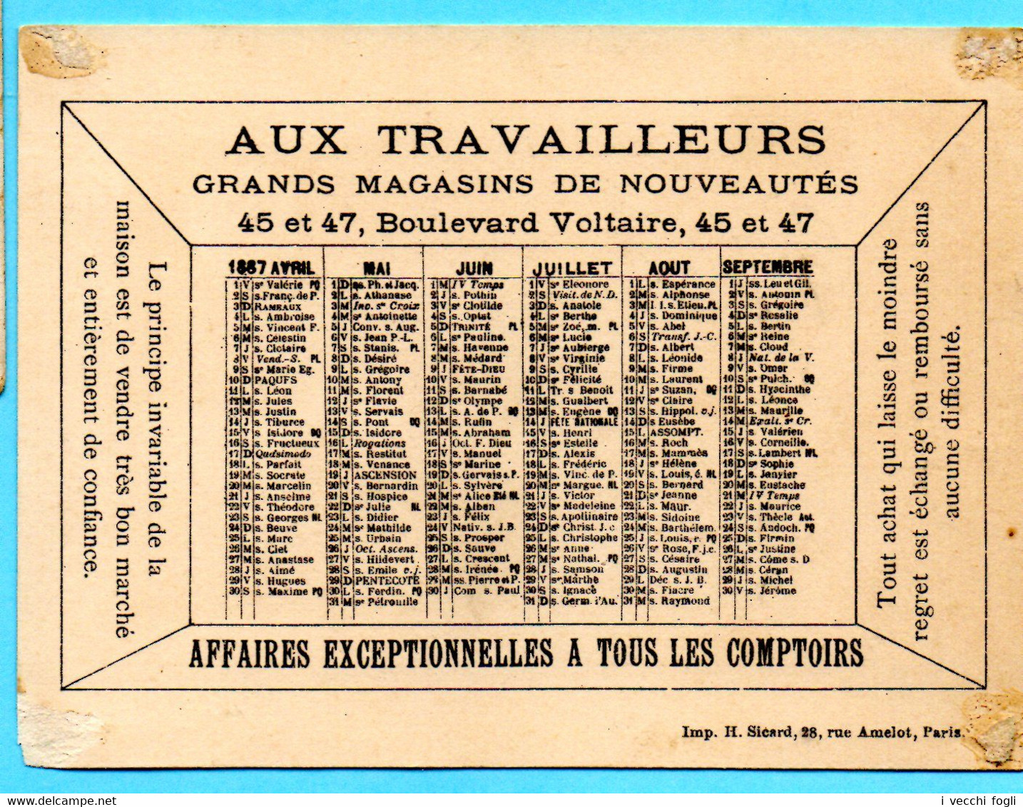 Chromo Gr.s Mag. Aux Travailleurs. Calendrier 1887, Semestre Avril-septembre. La Pipe De Mon Oncle. Imp. Sicard - Small : ...-1900