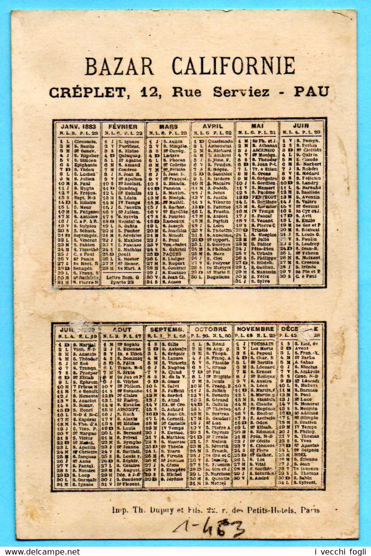 Adorable Chromo Bazar Californie. Calendrier 1883, Année Complète. Fille Assise Sur Des Violettes Géantes. Fond Doré - Small : ...-1900