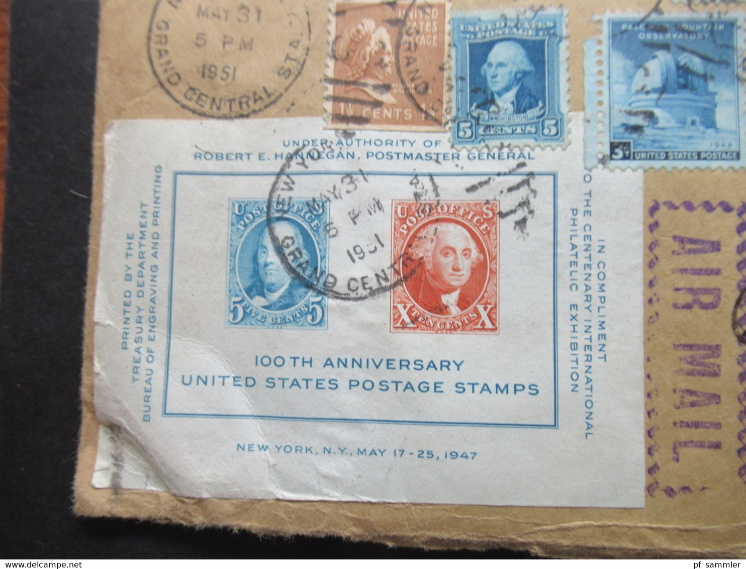 USA 1951 MiF Mit Block 9 100 Jahre USA 1947 Von New York Grand CentrSta. Nach Dresden Gesendet Via Air Mail - Covers & Documents