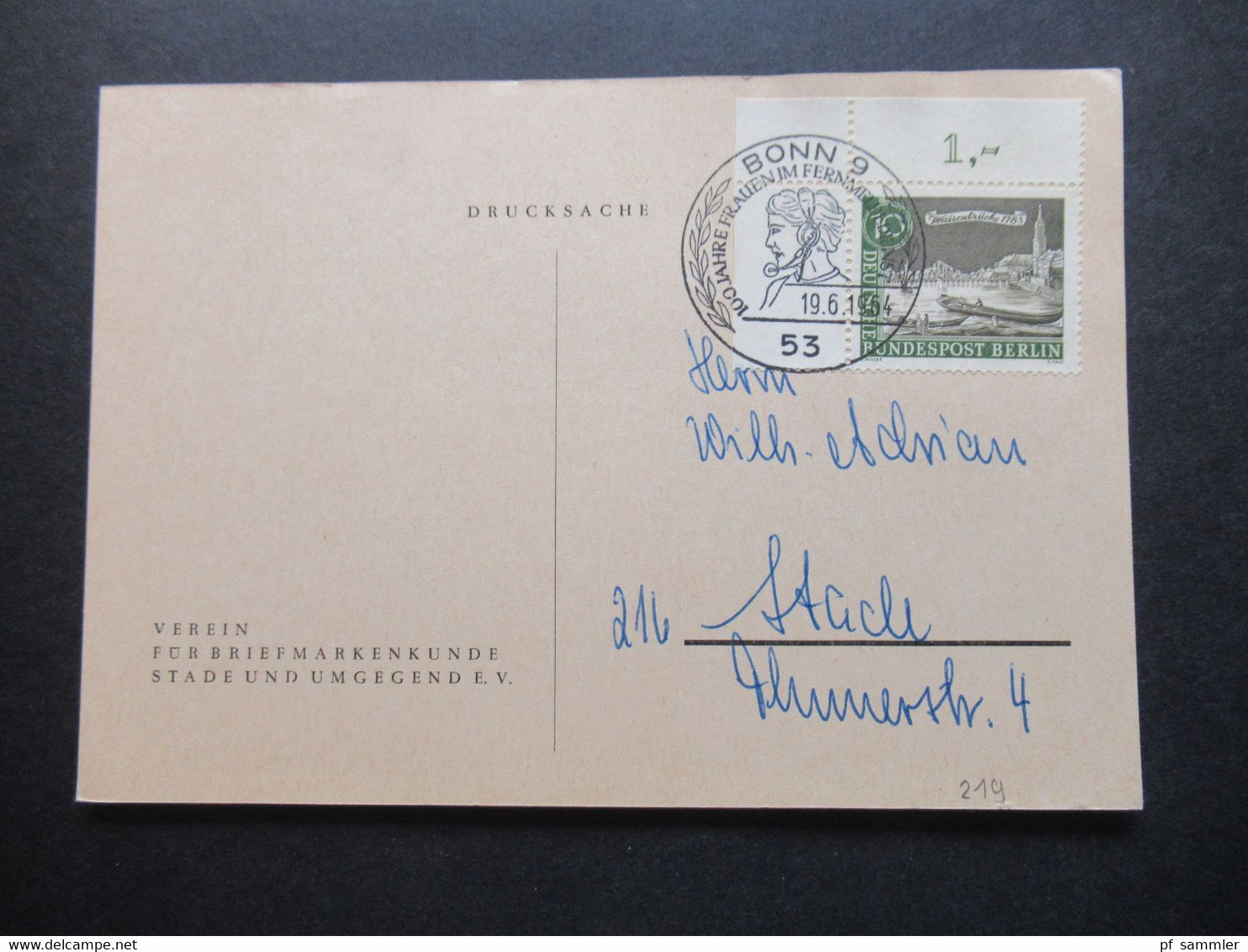 Berlin 1964 Alt Berlin Nr. 219 Eckrand Oben Links PK Mit SST Bonn 9 PK Verein Für Briefmarkenkunde Stade Einladung - Briefe U. Dokumente