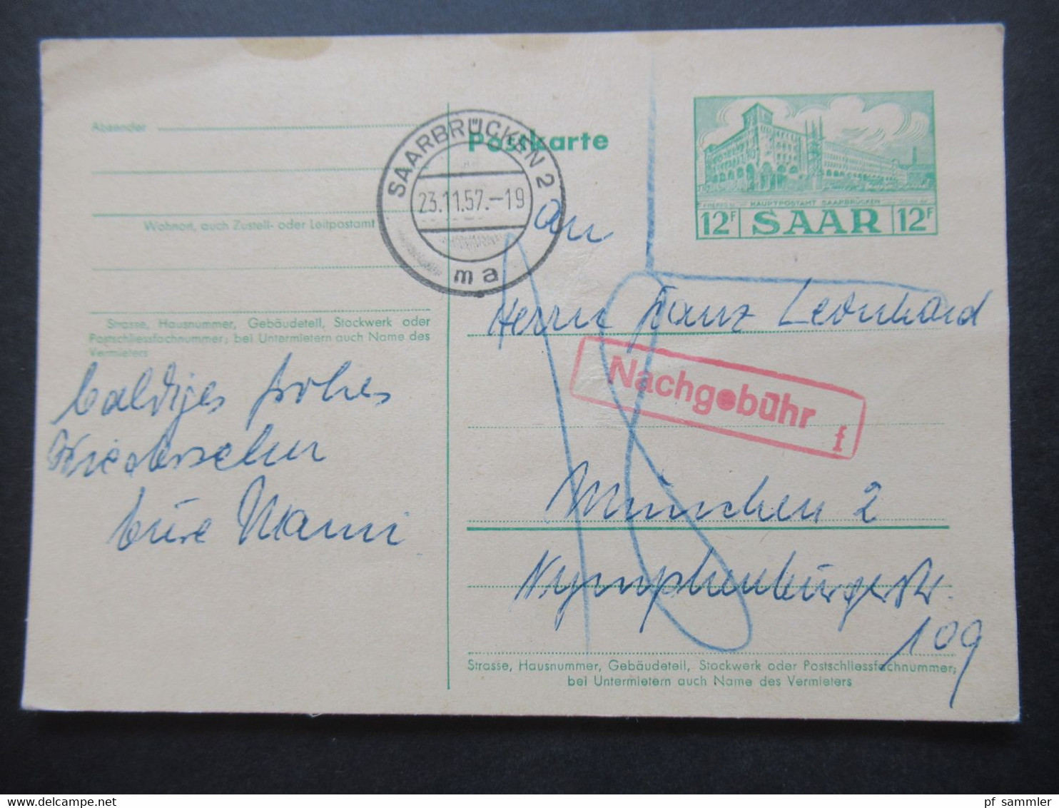 Saarland 1957 Ganzsachen P 41 Ungültig / Beanstandet Mit Nachporto / Roter Stempel Ra1 Nachgebühr F Und T Nach München - Lettres & Documents