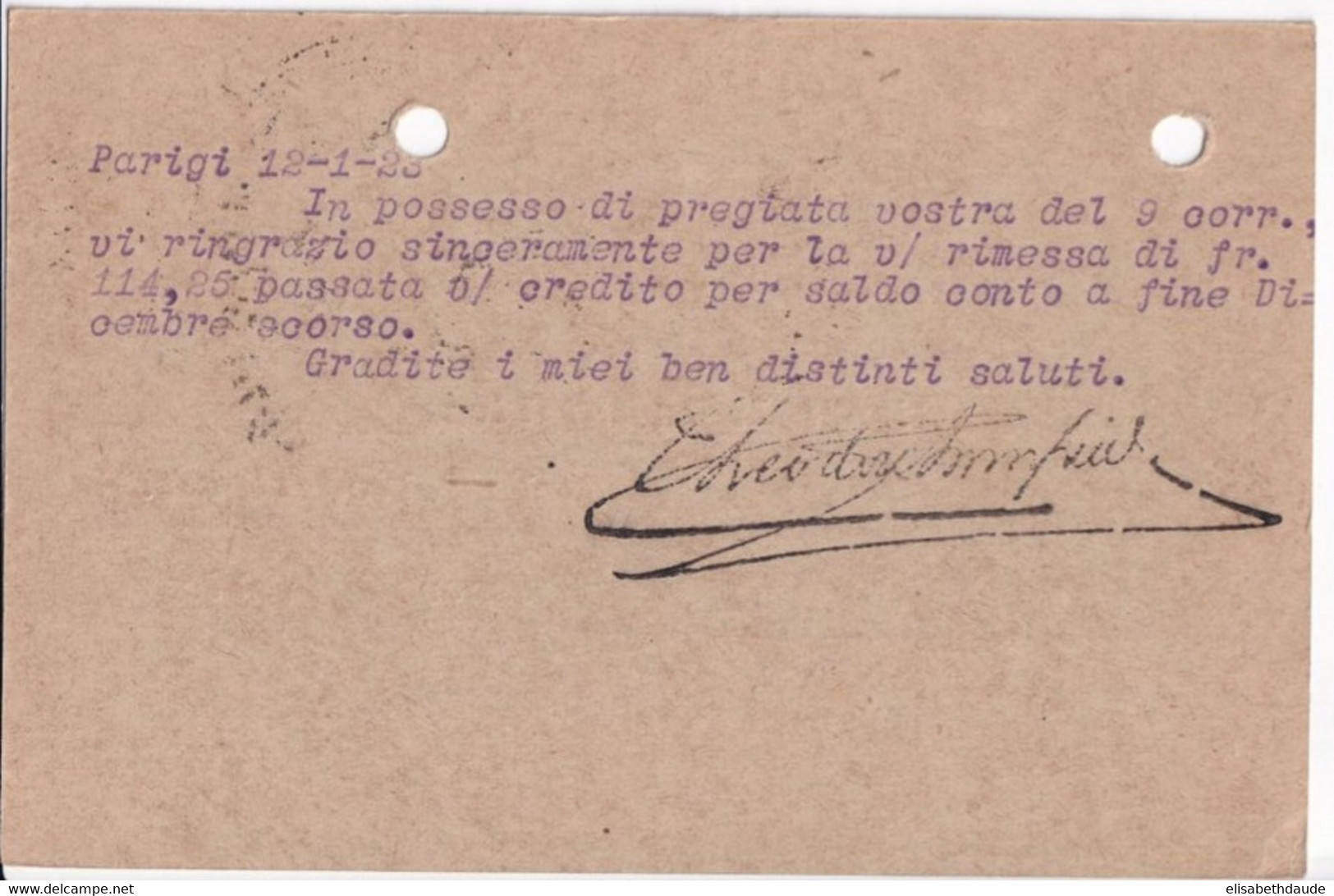 SEMEUSE CAMEE - 1923 - CP ENTIER 30c DATE 128 Avec REPIQUAGE "THEODORE CHAMPION" ! => GENOVA (ITALIE) ! - Overprinter Postcards (before 1995)