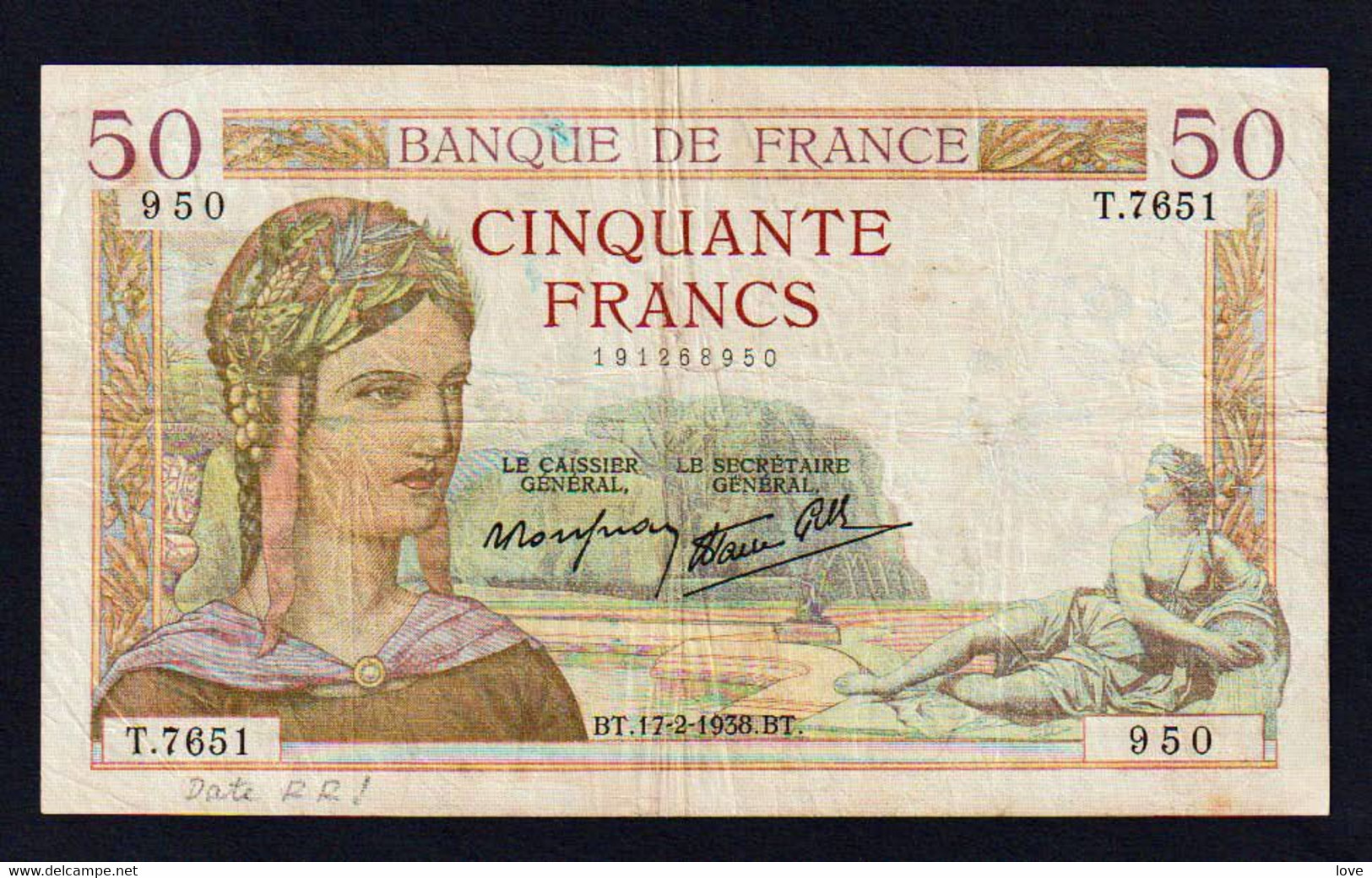 BB France: 50F Cérès N° 18- 9 Date: 17/02/1938 Date RR. Cote 300€ - 50 F 1934-1940 ''Cérès''