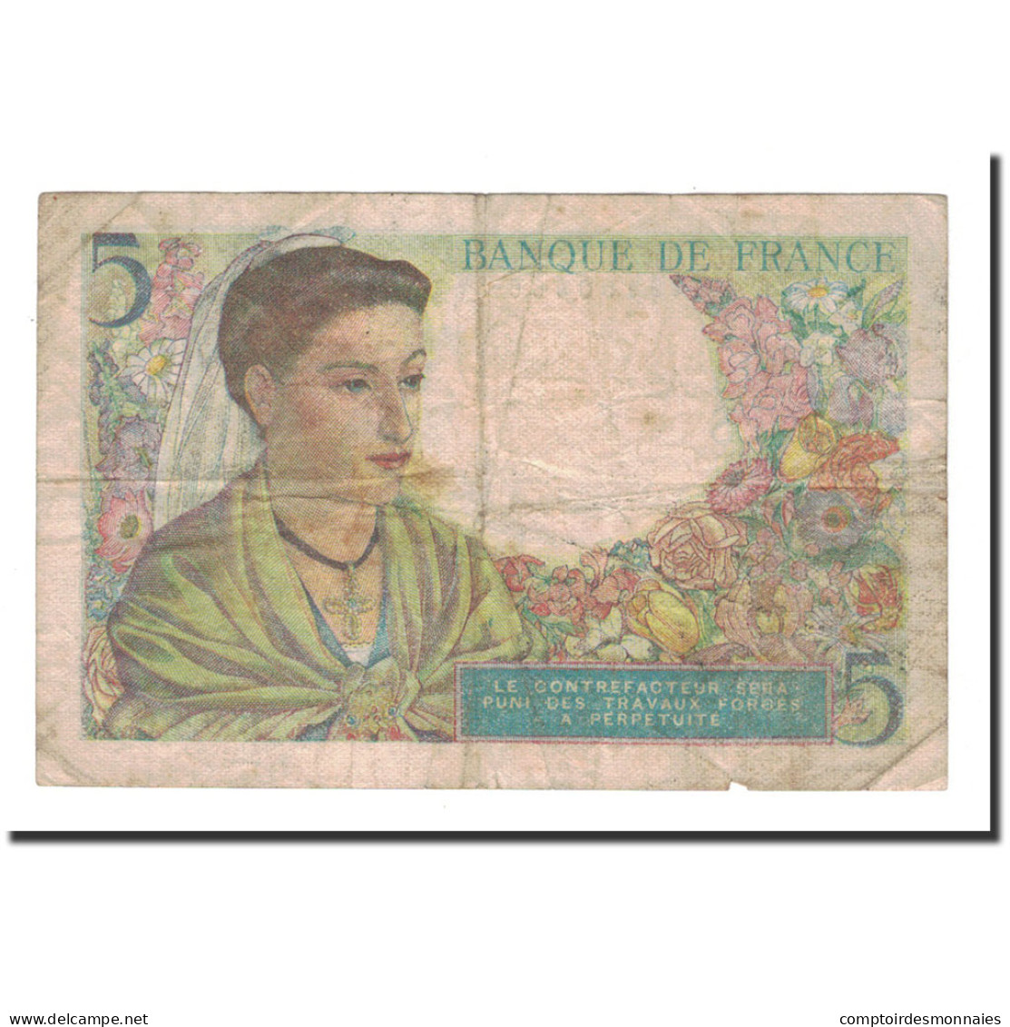 France, 5 Francs, Berger, 1943, 1943-12-23, B+, Fayette:5.5, KM:98a - 5 F 1943-1947 ''Berger''