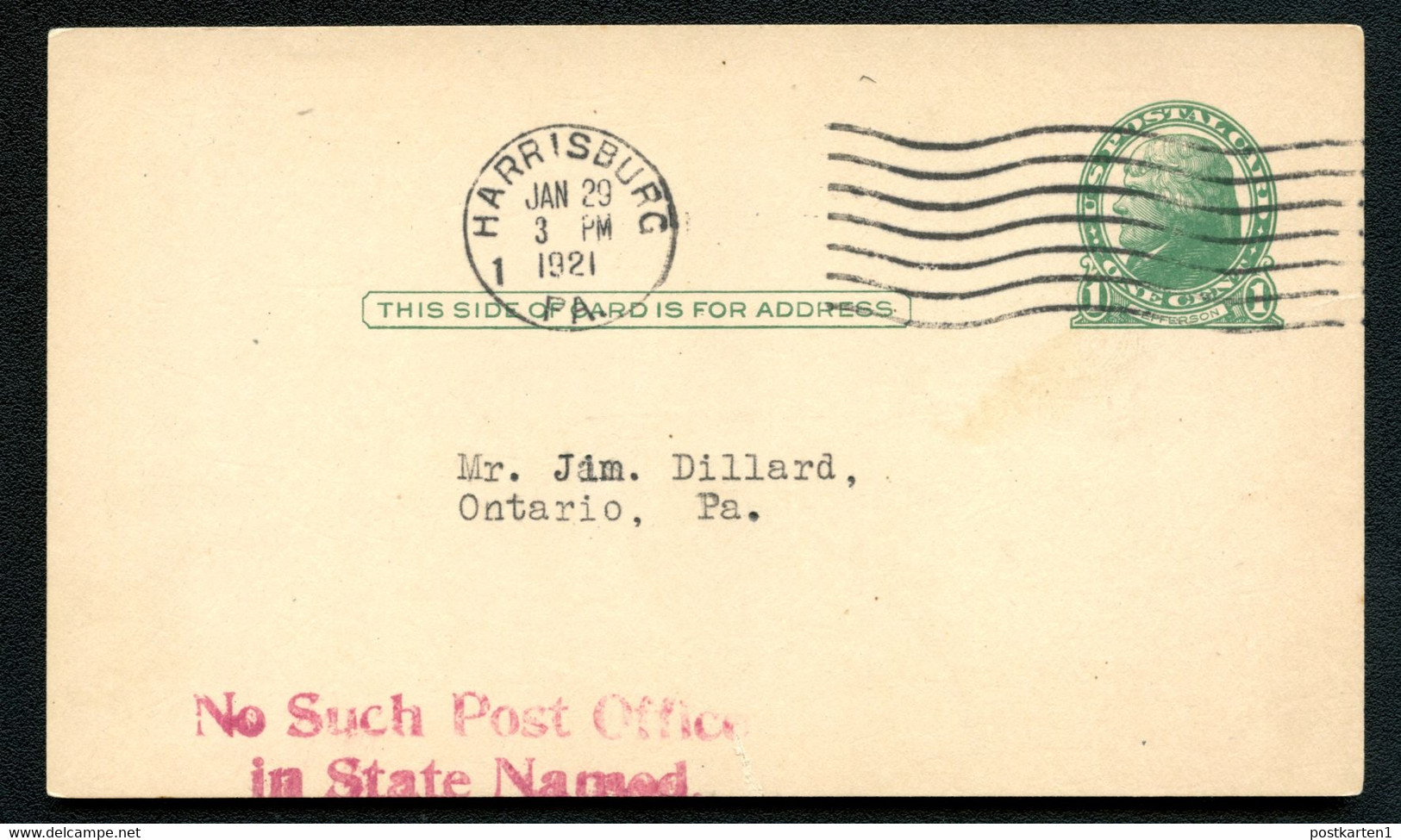 UX27 UPSS S37B Postal Card Harrisburg - Ontario PA 1921 UNCLAIMED Cat. $11.00+ - 1921-40