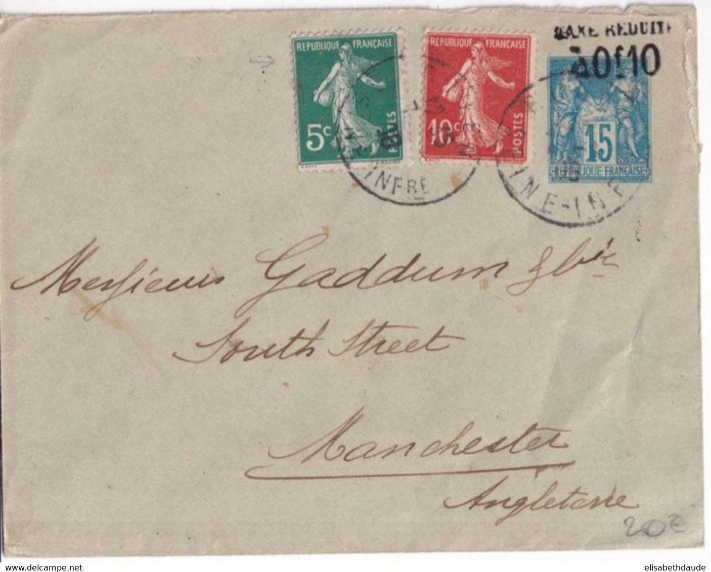 1906 - TYPE SAGE SURCHARGE - ENVELOPPE ENTIER 15c Avec COMPLEMENT SEMEUSE De ROUEN => MANCHESTER (ANGLETERRE) ! - Enveloppes Types Et TSC (avant 1995)