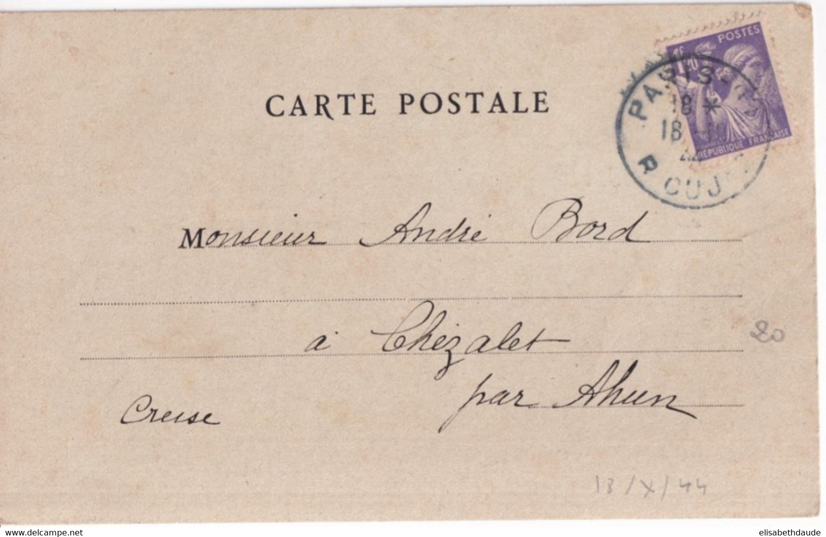 1944 - LIBERATION -  IRIS SEUL Sur CARTE COMMERCIALE De PARIS => CHEZALET (CREUSE) - 1939-44 Iris