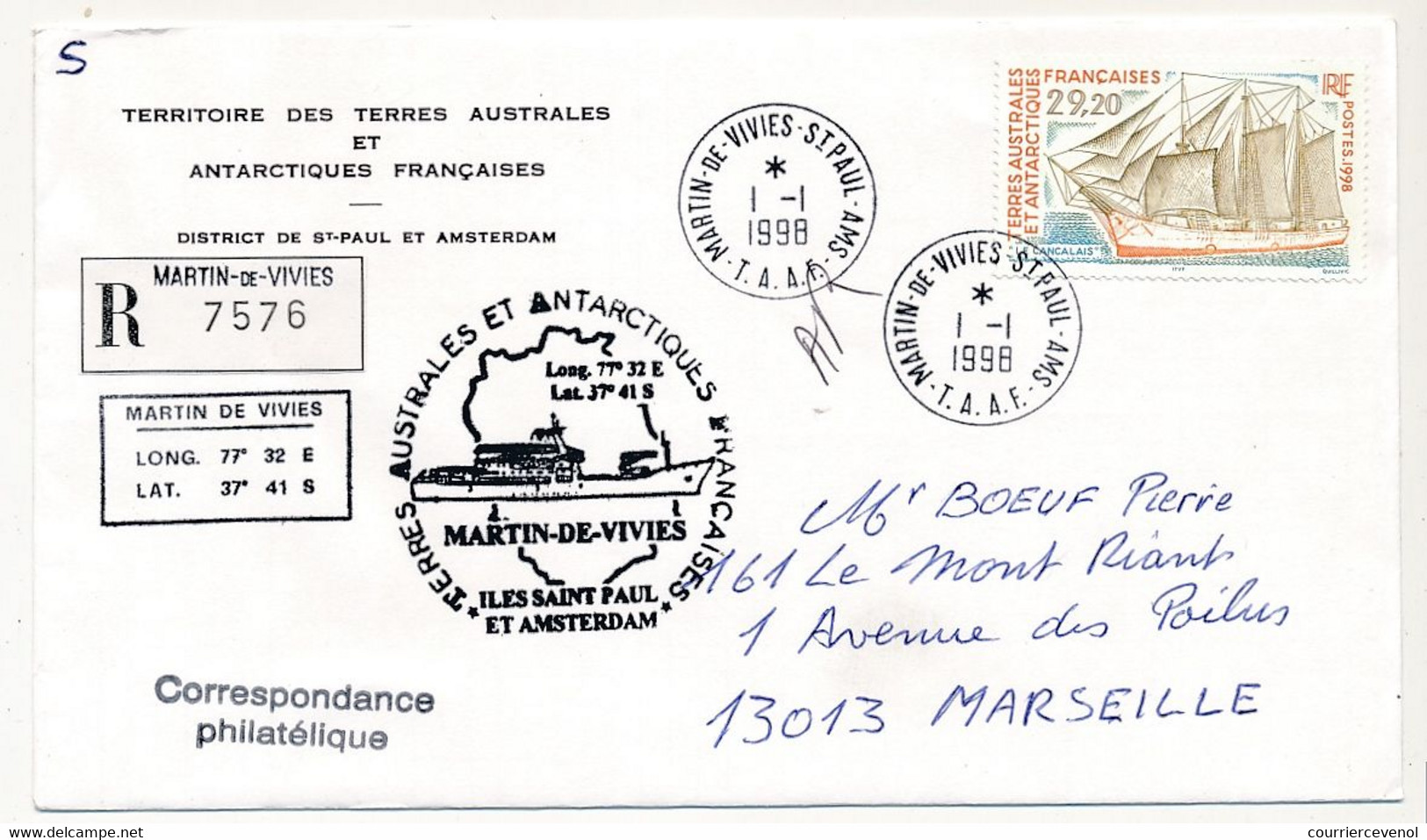 TAAF - Env Affr 29,20 "Le Cancalais" - St Martin De Vivies St Paul Ams - 1/1/1998 - Covers & Documents