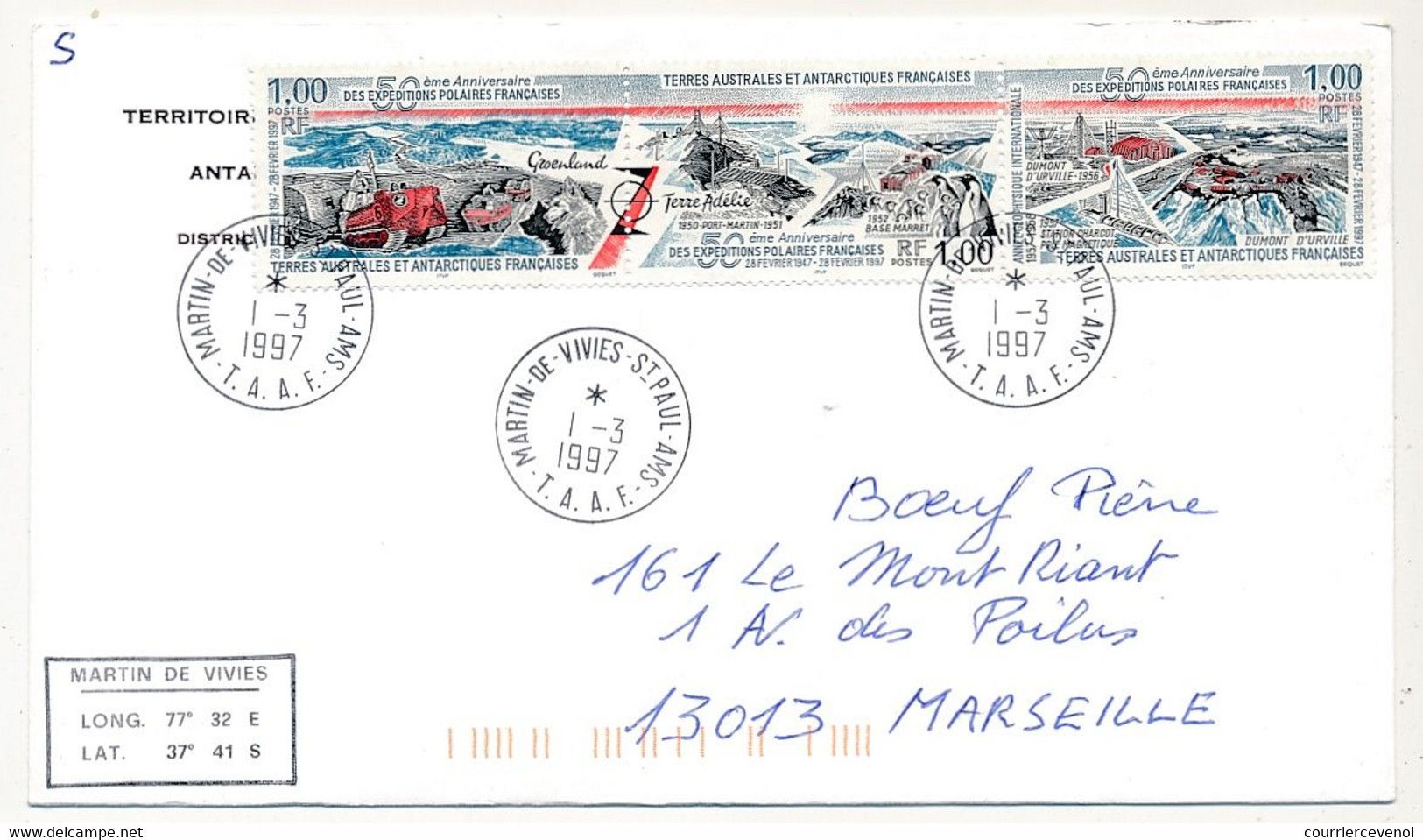 TAAF - Env Affr Triptyque 3x1F 50eme Anniversaire - St Martin De Vivies St Paul Ams - 1/3/1997 - Lettres & Documents