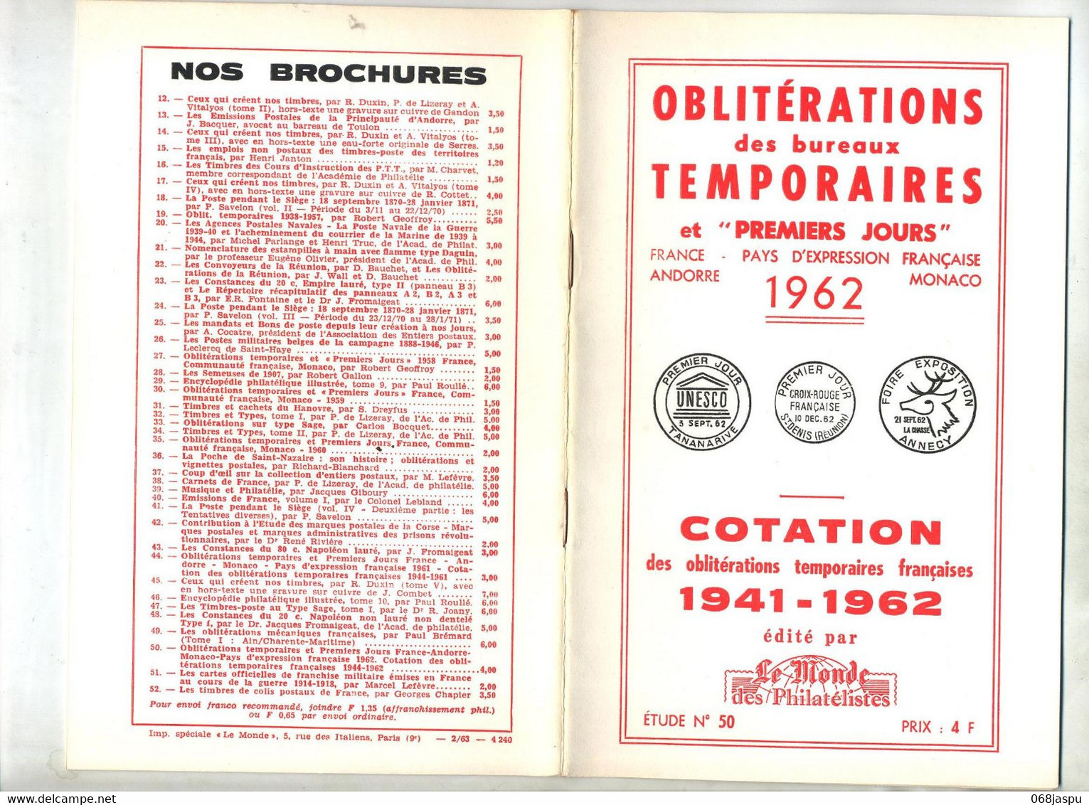 Oblitérations Temporaires   Par Le Monde Des Philatelistes Année 1962 - Matasellos