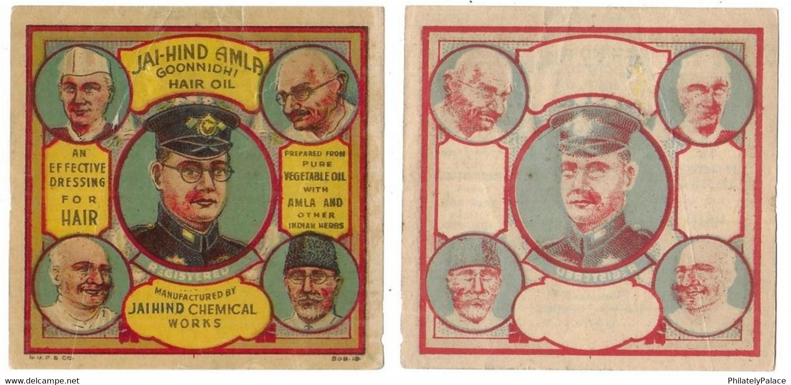 India INDIA Old Litho Patriotic OIL Label JAI HIND NETAJI SUBHASH CHANDRA BOSE Mahatma GANDHI & Othes.  (**) Inde Indien - Autres & Non Classés