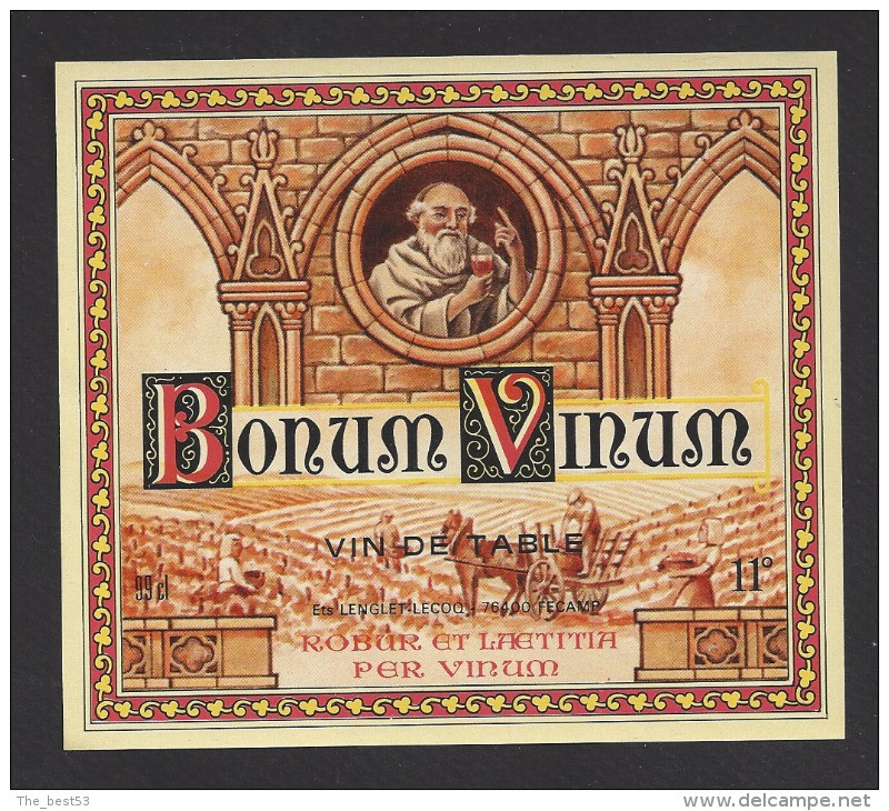 Etiquette De Vin De Table  -   Bonum Vinum  -   Thème  Religion  Moine  -   Ets Lenglet Et Lecoq  à Fécamp (76) - Religiones