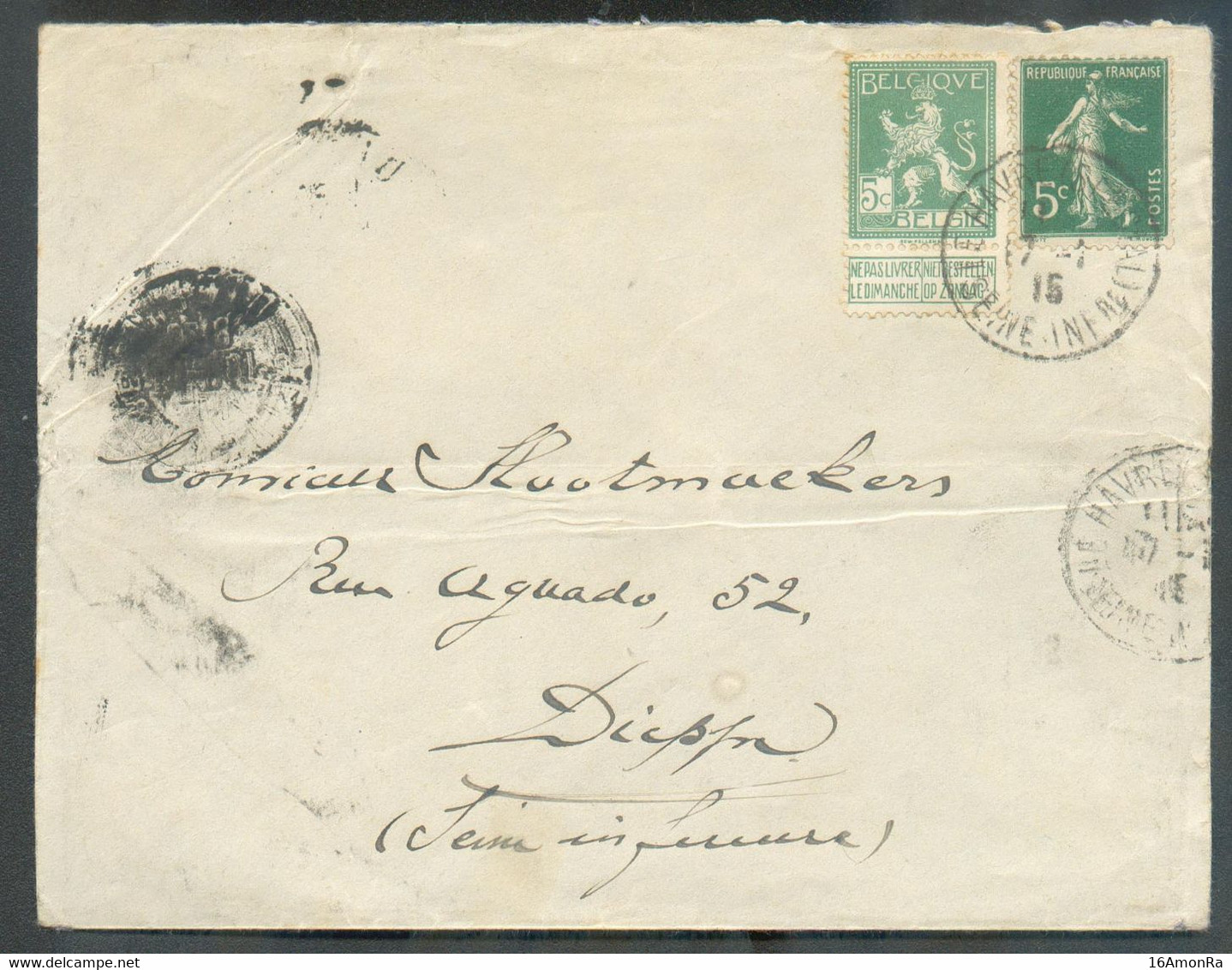 FRANCE 5 C. SEMEUSE + Belgique N°110 (affranchissement MIXTE) Obl. Sc LE HAVRE (SPECIAL) Sur Lettre Du 17-1 1914 En Port - Sonstige & Ohne Zuordnung