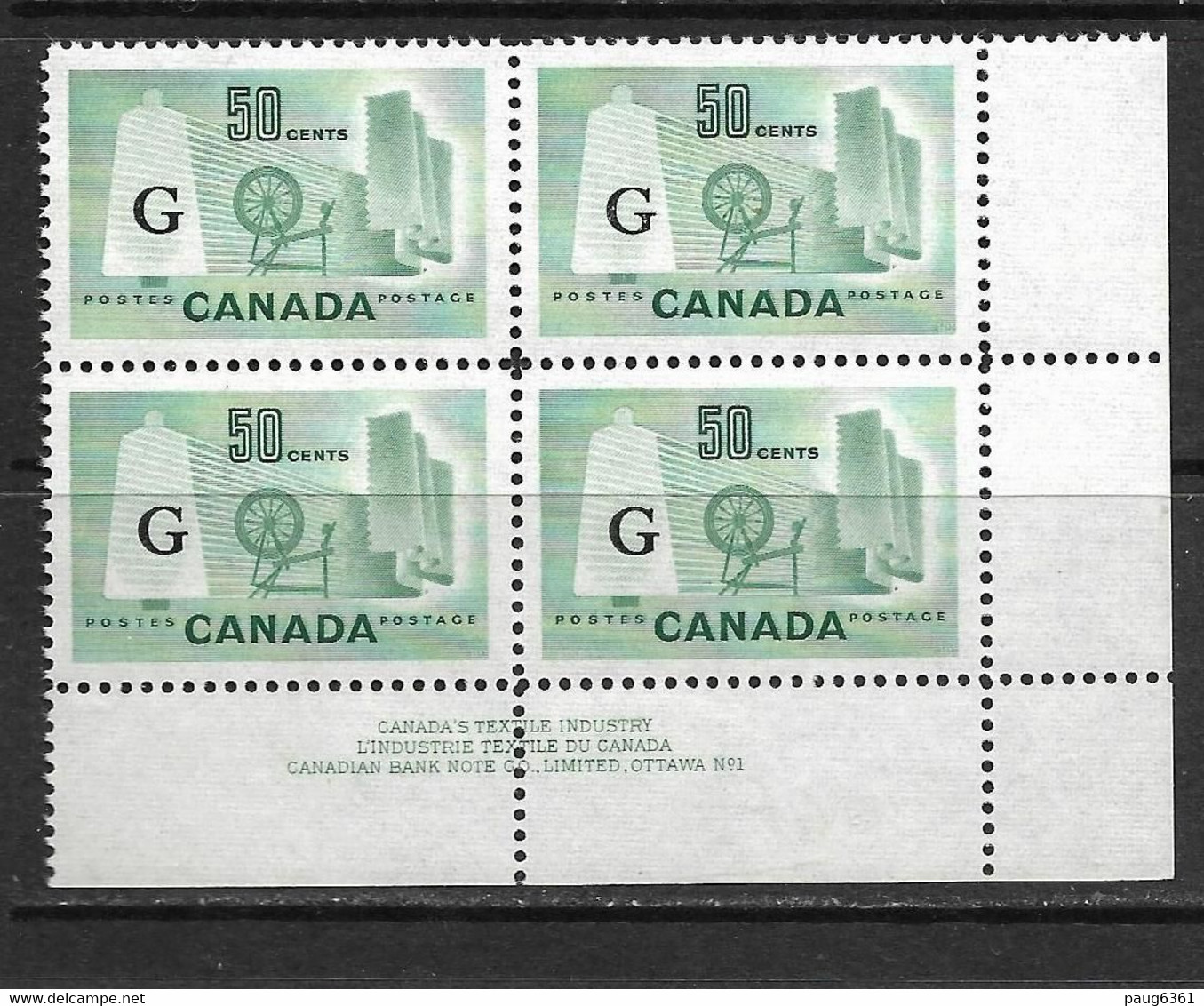 CANADA 1953 SERVICE-INDUSTRIES TEXTILES  BLOC DE 4 YVERT N°S38 NEUF MNH**/MLH* - Opdrukken