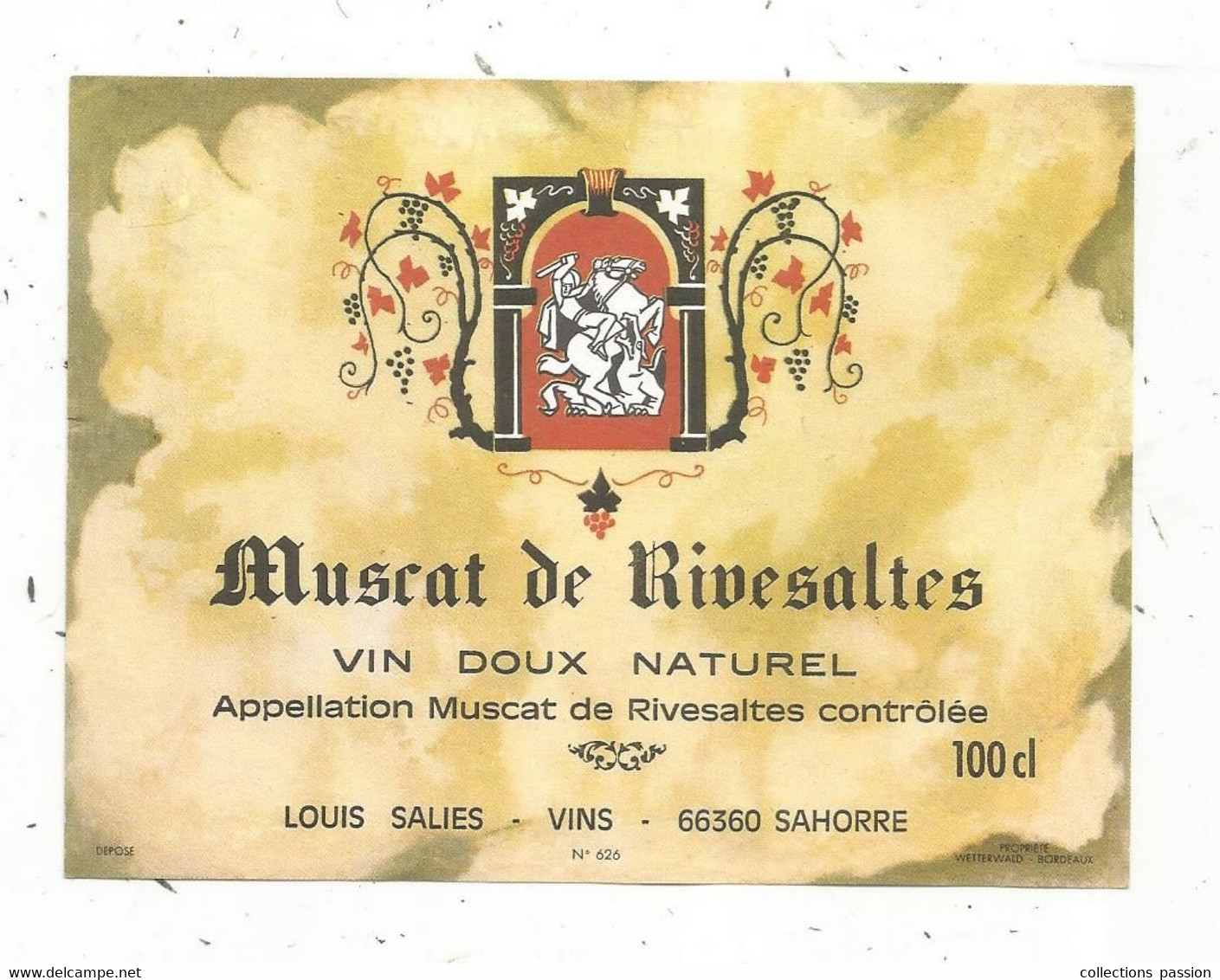 étiquette , Alcool , Vin Doux Naturel , Muscat De Rivesaltes , Salies Louis, 66, Sahorre , 100 Cl - Vin De Pays D'Oc