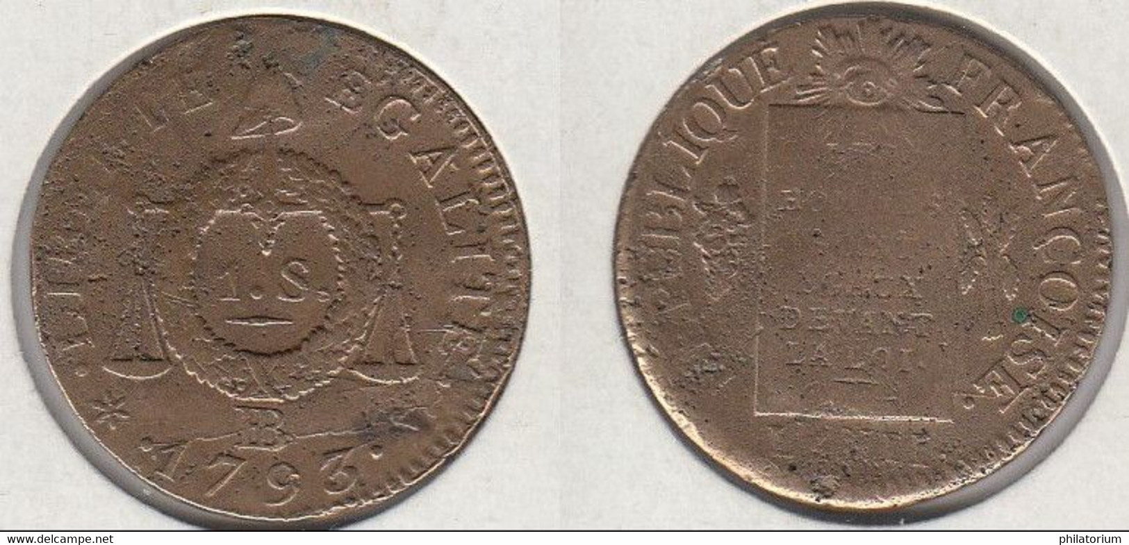 FRANCE  1 Sol Aux Balances 1793 BB (Strasbourg), REPUBLIQUE FRANÇOISE, 11,6gr - 1792-1804 Erste Französische Republik