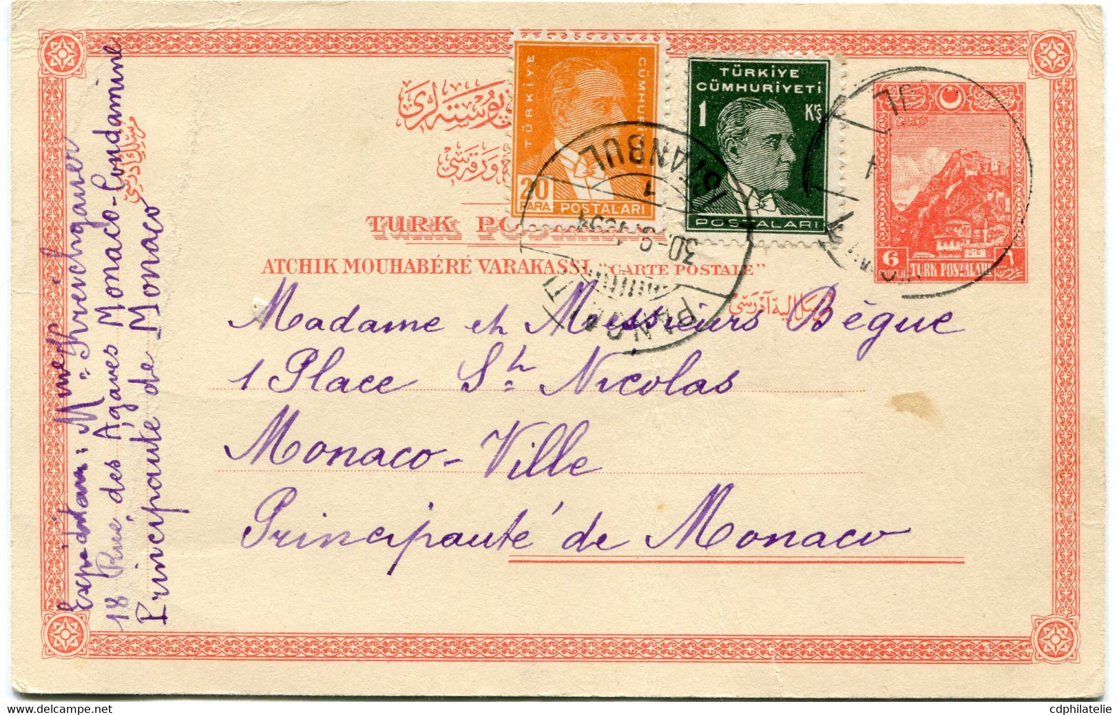 TURQUIE ENTIER POSTAL AVEC AFFRANCHISSEMENT COMPLEMENTAIRE DEPART ISTAMBUL 30-9-1934 POUR MONACO - Lettres & Documents