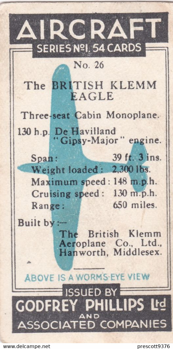 26 British Klemm Eagle - Aircraft Series 1938 - Godfrey Phillips Cigarette Card - Original - Military - Travel - Phillips / BDV