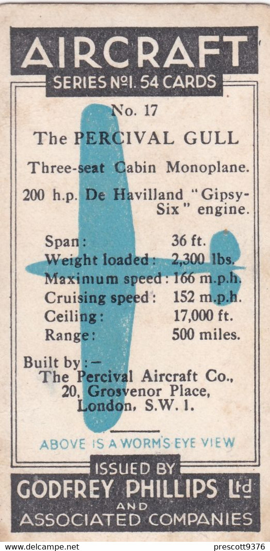 17 Percival Gull - Aircraft Series 1938 - Godfrey Phillips Cigarette Card - Original - Military - Travel - Phillips / BDV