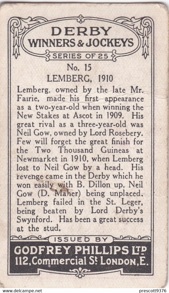 15 Lemberg 1910  - Derby Winners & Jockeys 1923 - Godfrey Phillips Cigarette Card - Original - Sport - Horses - Racing - Phillips / BDV