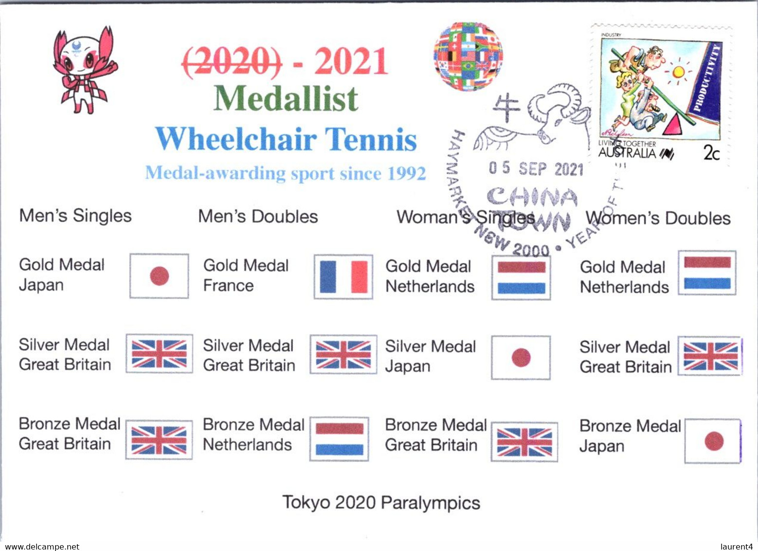 (2 A 9) 2020 Tokyo Paralympic - Medal Cover Postmarked Haymarket - Wheelchair Tennis Men's & Women's - Sommer 2020: Tokio