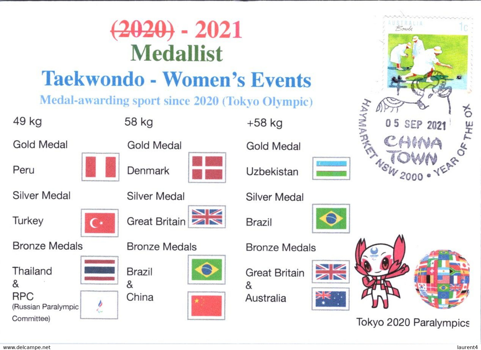 (2 A 9) 2020 Tokyo Paralympic - Medal Cover Postmarked Haymarket - Taekwondo Women's Events (special Stamp) - Sommer 2020: Tokio