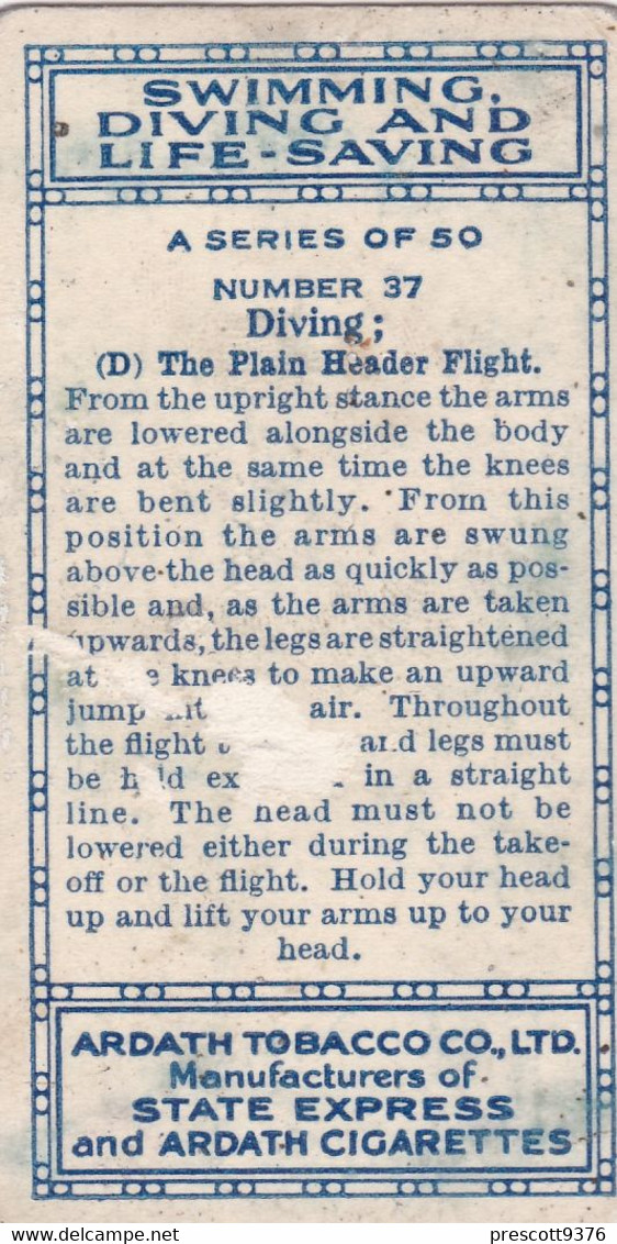 Swimming Diving & Life Saving - No37  -  1937 - Ardath Cigarette Card - Original - Sport - Phillips / BDV