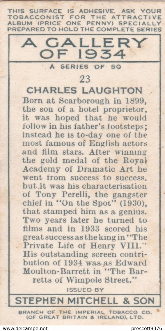 Charles Laughton -  A Gallery Of Stars 1934 - Mitchell  Cigarette Card - Original - Film - Cinema - RP - Phillips / BDV