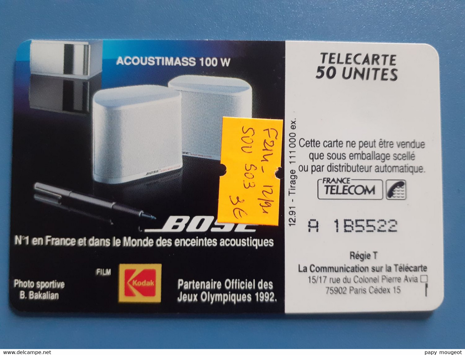 F214 Bose Spécial 50U SO3 12/91 N° A 1B5522 - Jeux Olympiques