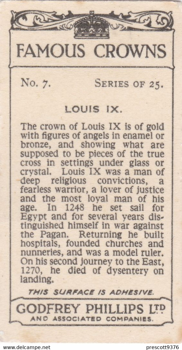 9 Louis IX - Famous Crowns 1938  -  Phillips Cigarette Card - Original - Royalty - Phillips / BDV