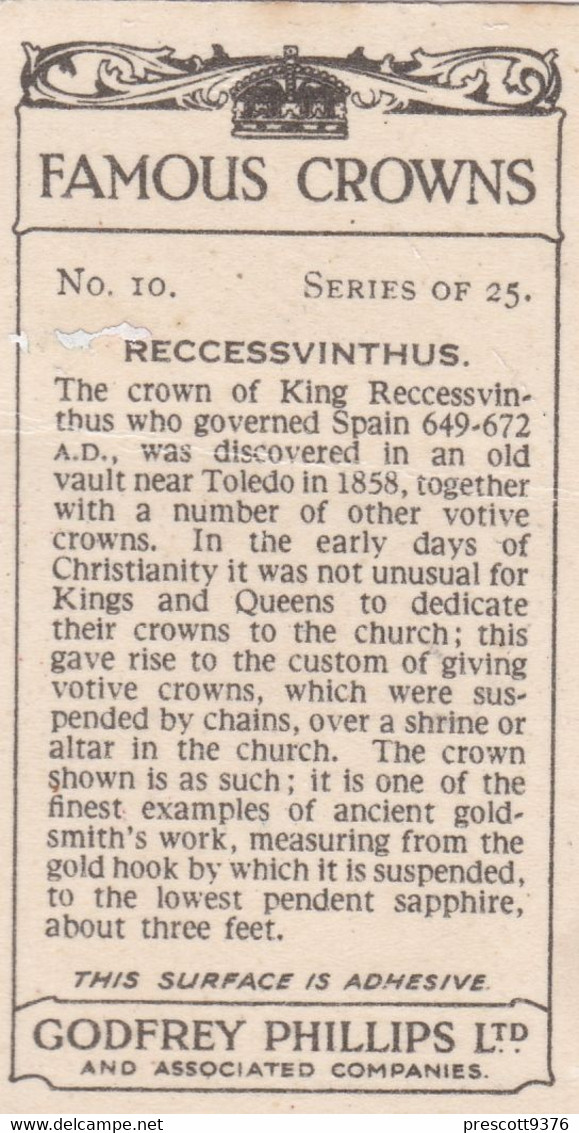 10 King Reccessvinthus Of Spain - Famous Crowns 1938  -  Phillips Cigarette Card - Original - Royalty - Phillips / BDV
