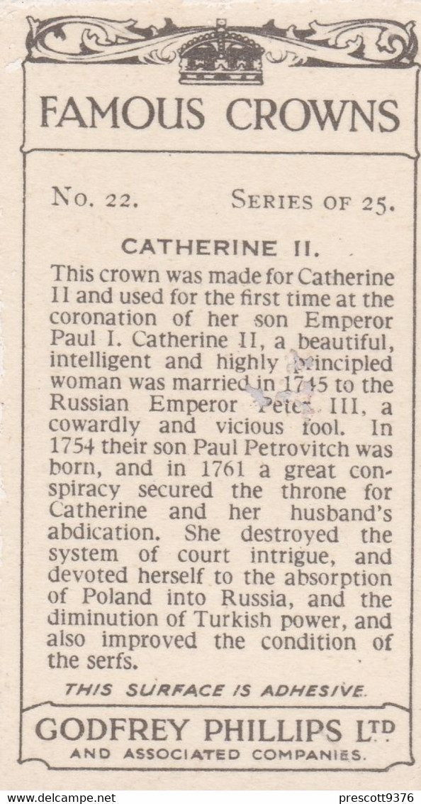 22 Catherine II - Famous Crowns 1938  -  Phillips Cigarette Card - Original - Royalty - Phillips / BDV