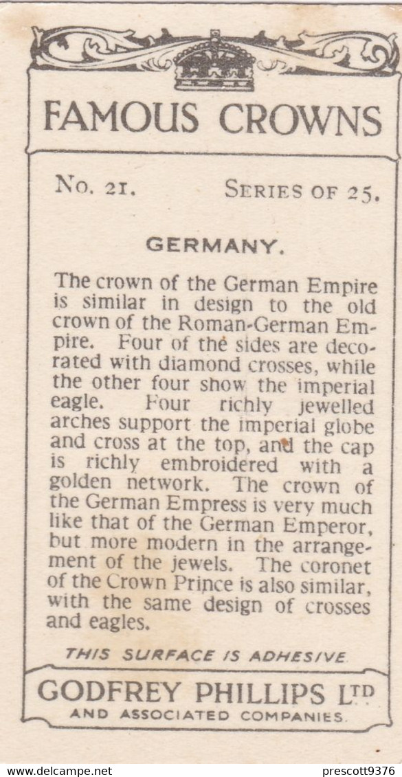 21 Germany - Famous Crowns 1938  -  Phillips Cigarette Card - Original - Royalty - Phillips / BDV