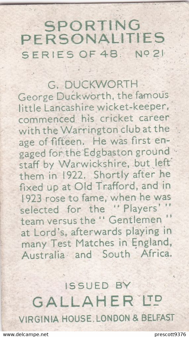 21 George Duckworth  - Sporting Personalities 1936 - Gallaher Cigarette Card - Original - Sport -  Cricket - Gallaher