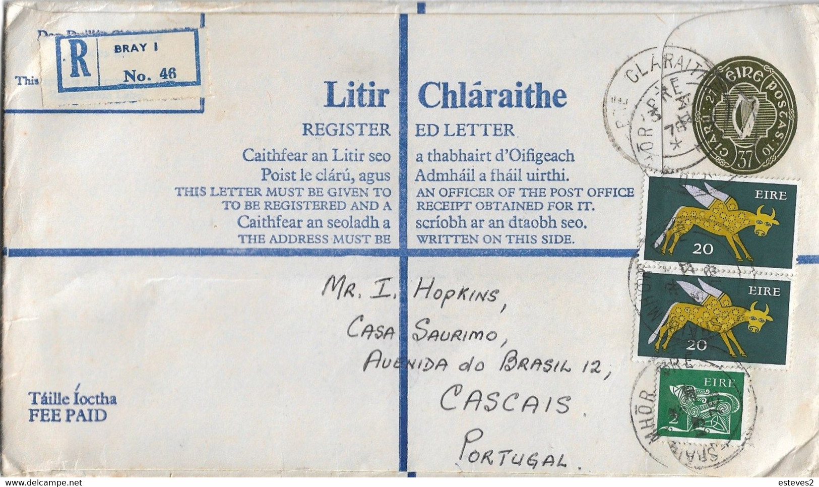 Ireland , Eire ,  1980 , Stationery 37 P ,  Registration Label Bray I , Bré Claraith  And Sraid Mhor Bre Postmark - Entiers Postaux