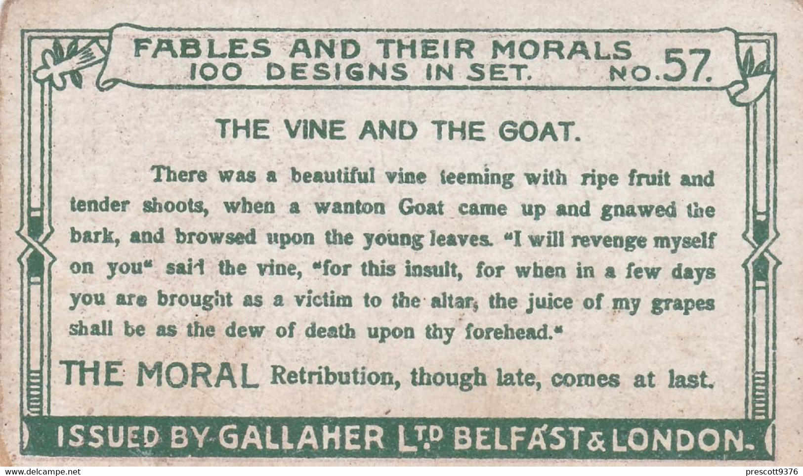 57 The Vine & Goat, Fables & Their Morals 1922  - Gallaher Cigarette Card - Original - Antique - Gallaher