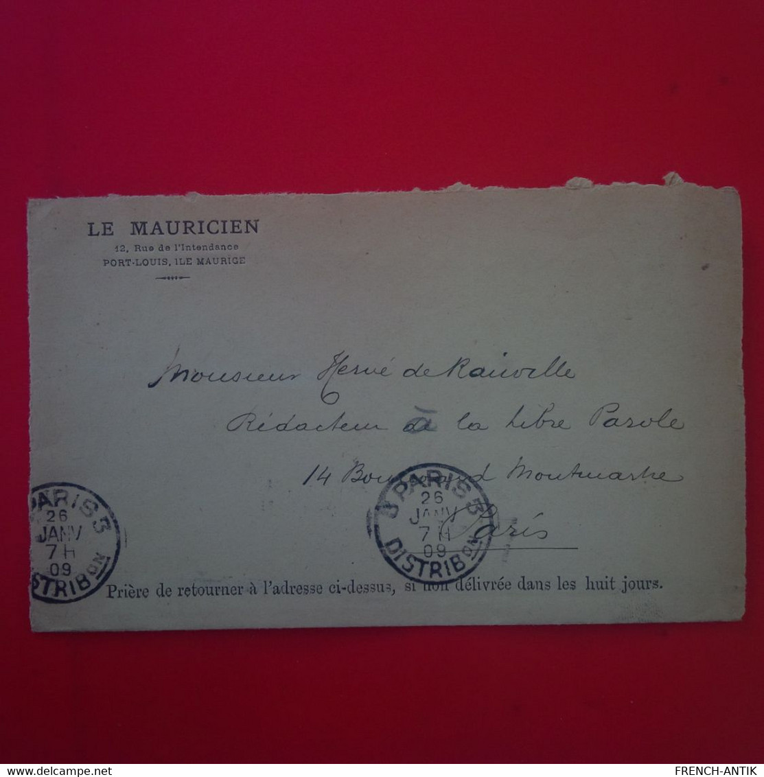 LETTRE MAURITUS ILE MAURICE LE MAURICIEN POUR PARIS JOURNAL LA LIBRE PAROLE 1909 - Mauricio (...-1967)